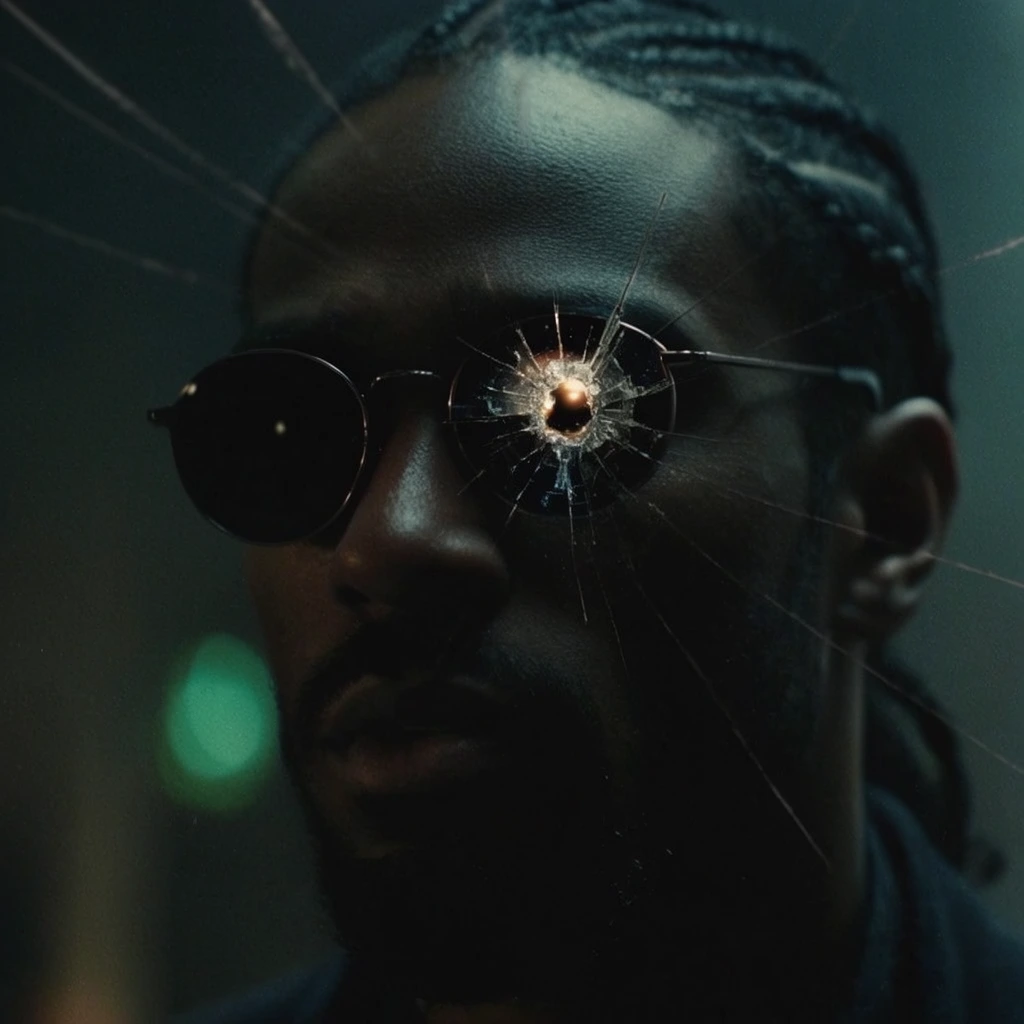 A tight, cinematic close-up of a dark-skinned man with neatly braided hair pulled back, wearing dark, wire-rimmed round sunglasses. A dramatic impact fracture resembling a bullet hole shatters the left lens precisely over his eye, catching a sharp, warm specular highlight in its center. The scene is bathed in moody, low-key lighting with a gritty, neo-noir color palette of deep shadows and dark cyan tones. Faint, out-of-focus stress lines stretch across the foreground, while a solitary green bokeh flare floats in the heavily blurred background.