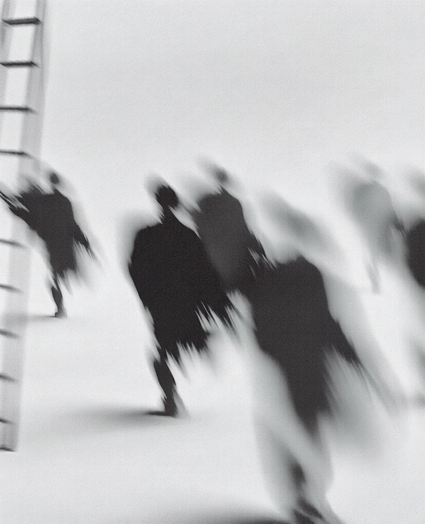 monochromatic high-contrast black and white photography, a single vertical ladder positioned on the far left, one singular six-sided die, numerous human figures scattered across the frame, heavy film grain and silver halide noise, intense intentional camera movement creating kinetic motion blur and long vertical streaks, ink-black silhouettes bleeding into a blown-out stark white void, smudged charcoal textures, ethereal ghostly rendering, minimalist composition, experimental provoke era aesthet