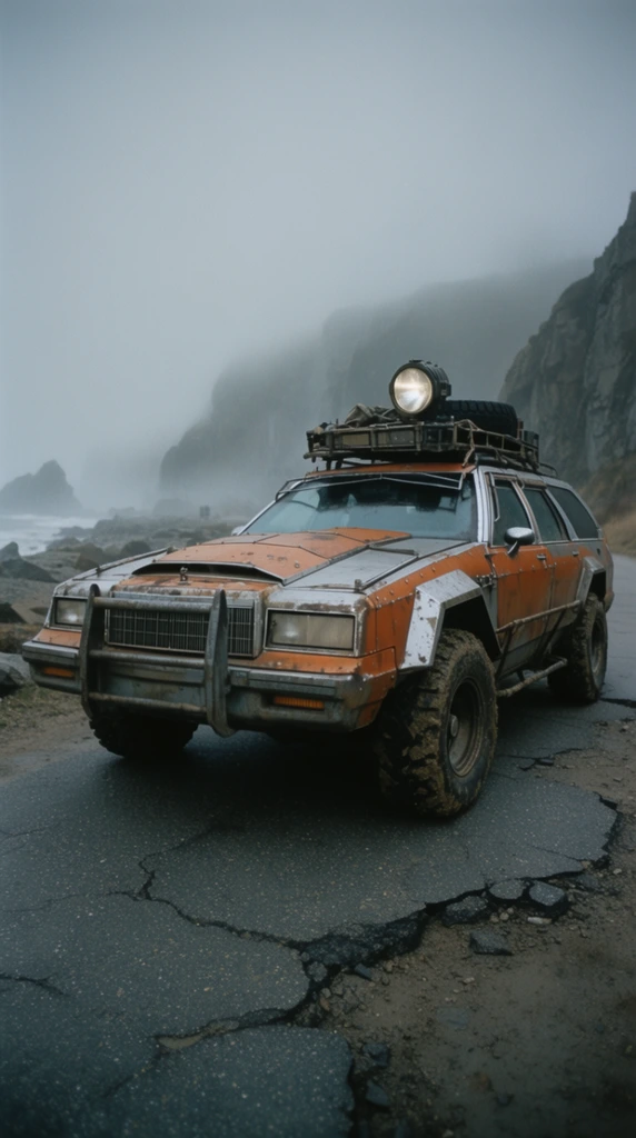 A heavily armored, rust-orange and silver station wagon rests on a cracked asphalt road winding through a foggy coastal wasteland. Viewed from a low front-quarter angle, the modified vehicle features mud-caked off-road tires, a formidable steel push bumper, and a dense roof rack equipped with a large spotlight. Thick mist rolls off jagged cliffs in the background under a bleak, overcast sky. Cinematic lighting highlights the weathered, rusted metal panels and the damp surface of the broken pavement. The gritty scene is captured on 35mm film with a muted, cool-toned color palette, emphasizing the rugged survivalist aesthetic of the solitary patrol vehicle.