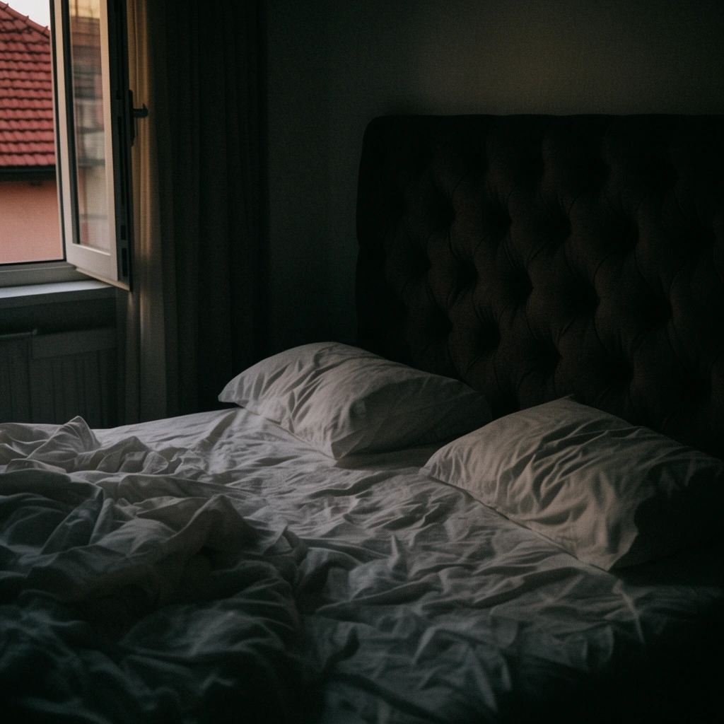 unmade bed with crumpled white sheets, two pillows, tall dark tufted headboard, deep shadows, side light from an open window revealing red roof tiles, moody cinematic lighting, low key, film grain