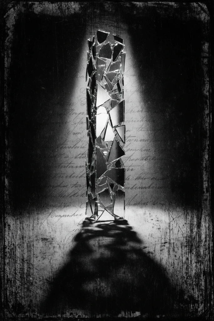 A towering pillar constructed from jagged shards of glass and reflective mirror fragments dominates a high-contrast, distressed monochrome composition. A stark, narrow spotlight illuminates the central pillar from behind, highlighting the sharp, splintered edges of the glass and casting a heavy, elongated shadow stretching directly into the immediate foreground. The surrounding environment is engulfed in deep, crushed blacks, isolating the structure within a dark void. A heavy, tactile grunge texture overlays the entire image, characterized by deep vertical scratches, rough scuff marks, prominent film grain, and a thick, dark vignette framing the edges to mimic a severely damaged antique photographic plate. Faint, overlapping layers of elegant, faded cursive handwriting are superimposed across the center, blending into the illuminated glass and the textured floor. The stark lighting creates a soft, diffused glow around the brightest highlights of the mirror fragments, contrasting sharply with the gritty, heavily degraded, and deeply shadowed aesthetic.