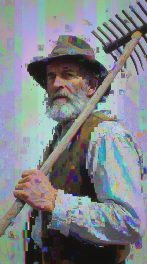 An older bearded man in a hat holds a wooden rake over his shoulder, rendered in a heavily pixelated digital glitch art style. The man, hat, beard, and rake consist of fragmented, blocky datamoshed artifacts. The composition features a pastel iridescent color palette of lavender, mint green, cyan, and scattered RGB noise. Vertical banding, macro-blocking, and severe chromatic aberration distort the figure and background. The aesthetic mimics a corrupted, low-resolution digital file with chaotic holographic textures and synthetic digital corruption.