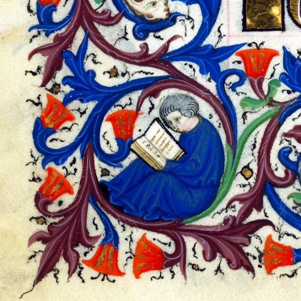 medieval illuminated manuscript marginalia, small grey-haired figure in a vivid cobalt blue robe reading an open book, figure nestled inside a circular loop of swirling vines, intertwined acanthus leaves in rich burgundy and deep blue, bright red-orange bell-shaped blossoms with gold accents, delicate black ink linework connecting organic elements, aged cream vellum background, historical flat illustration style, decorative floral border art, intricate organic patterns, close-up crop