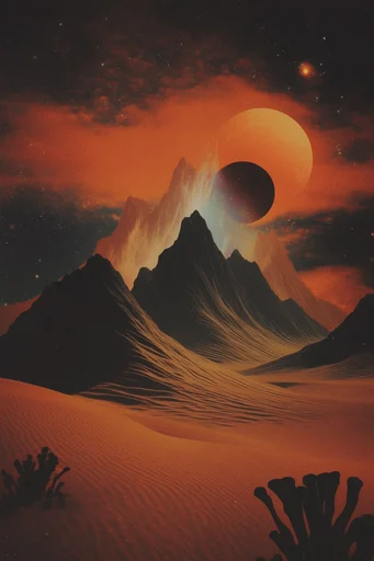 Nostalgic Cosmic Surrealism style reference image — retro sci-fi surrealism