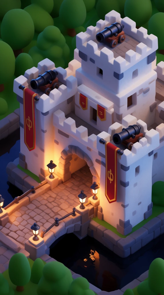 Isometric 3D render of a stylized white block fortress, black cannons, red and gold banners, cobblestone bridge over a dark moat, glowing lanterns, warm orange light contrasting deep blue shadows, smooth rounded green trees, toy-like clay textures