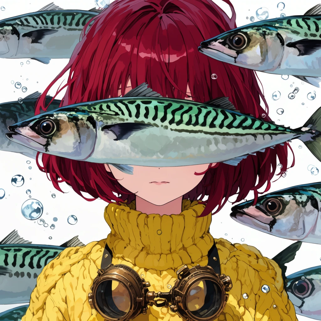 anime illustration of a girl with short crimson hair, wearing a chunky yellow sweater and steampunk goggles, large realistic mackerel fish swimming around her head, one fish passing directly across her face, floating water bubbles, white background, surreal cel-shaded art