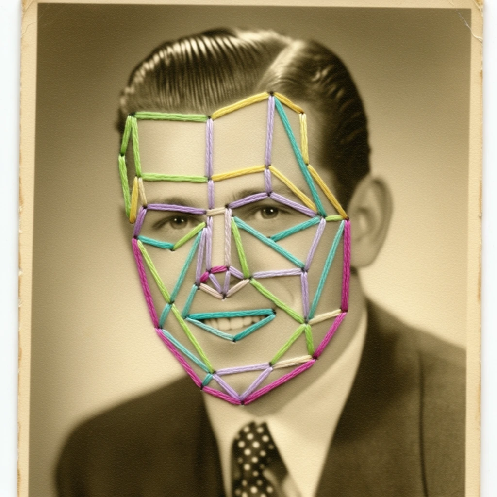 A vintage sepia portrait photograph of a young man altered with bright geometric embroidery stitched directly through the paper. The subject wears a dark suit and polka-dot tie, featuring slicked-back hair and a gentle smile. Thick threads in vibrant pastel green, yellow, lavender, teal, and magenta create a complex, intersecting polygonal wireframe structure obscuring his face. The physical print has slightly worn edges against a soft background, blending classic mid-century studio photography with modern tactile textile art.