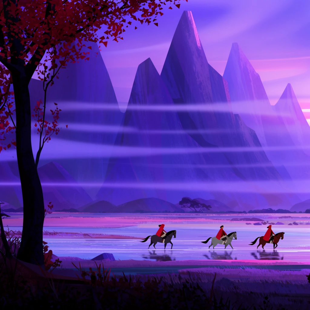 three riders in red cloaks on horseback crossing shallow water, towering jagged purple mountains, horizontal mist, stylized 2D animation concept art, vibrant violet and pink atmospheric lighting, dark silhouetted foreground tree with red leaves, panoramic landscape