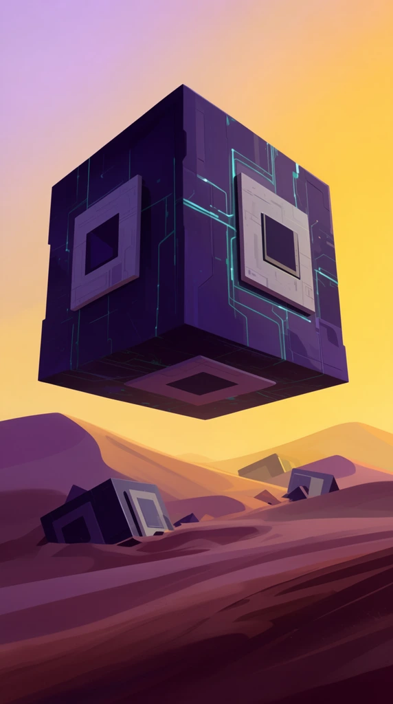 A massive dark purple cubic monolith hovers over undulating mauve and reddish-brown desert dunes. The floating structure features glowing teal circuit patterns and prominent light-grey panels with dark central rectangular recesses. Smaller cubic debris rests half-buried in the sand below. A seamless gradient sky transitions from soft lavender to vibrant golden-yellow, casting dramatic shadows across the sweeping landscape. The sleek digital sci-fi concept art utilizes smooth shading, stylized geometric forms, and a low camera angle to emphasize the immense scale of the hovering architecture.
