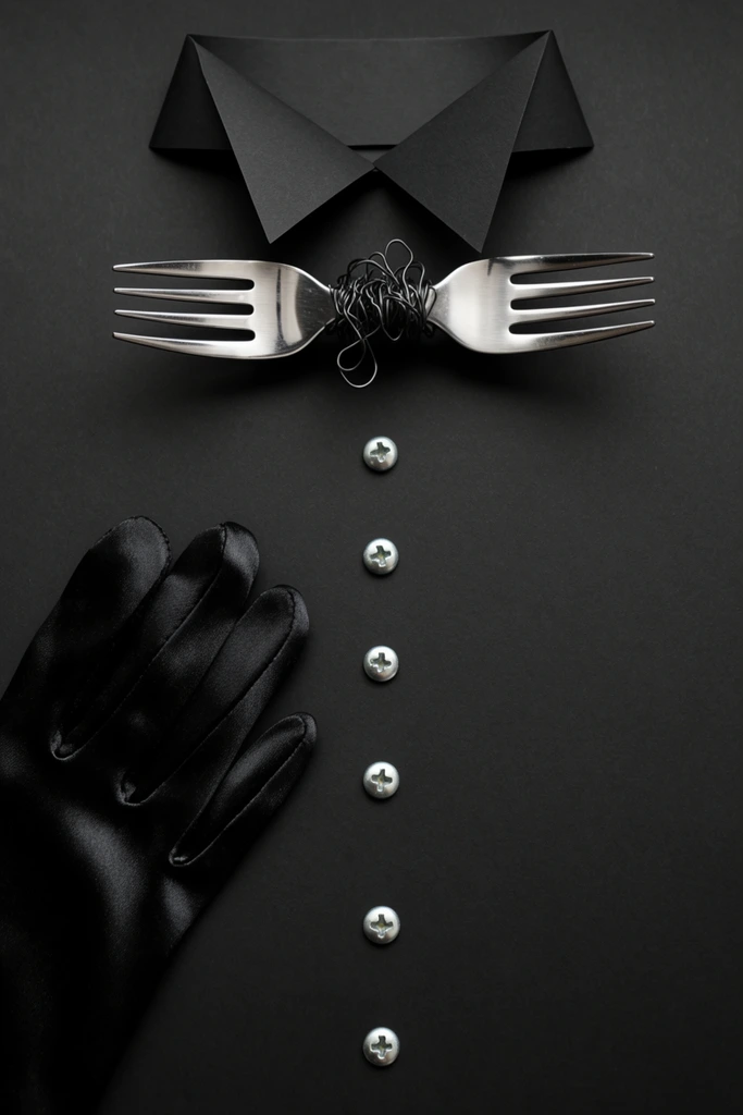 A surreal monochromatic flat-lay composition on a matte black surface, arranging everyday objects into a formal tuxedo silhouette. A sharp folded black paper collar rests above a makeshift bowtie formed by two outwardly facing silver forks bound centrally by tangled dark wire. Five shiny silver Phillips-head screws run vertically down the center like shirt buttons. A smooth black satin glove rests on the lower left. Soft top-down lighting emphasizes the minimalist contrast between matte paper, reflective metal, and sleek fabric.