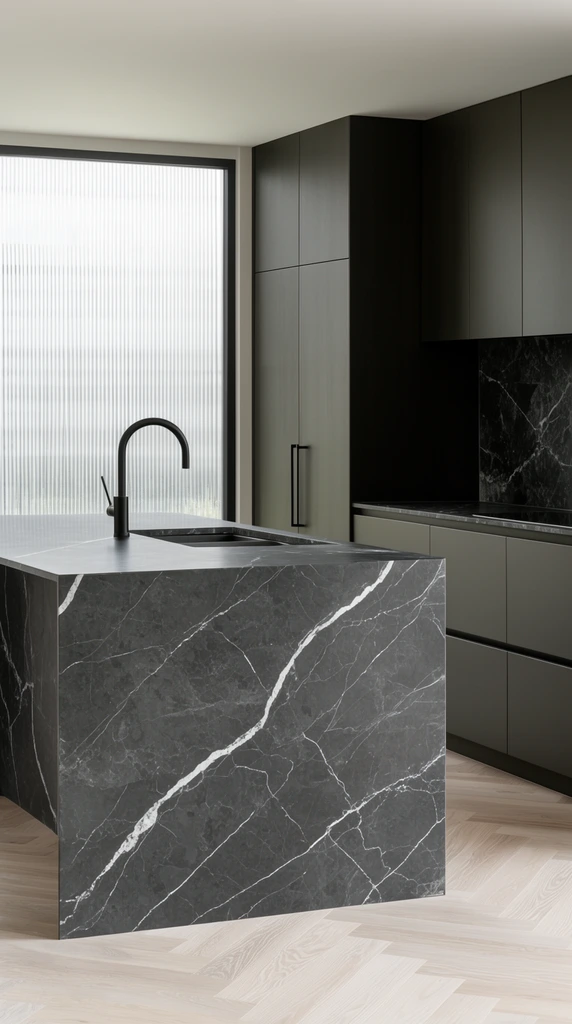 modern minimalist kitchen interior, dark grey marble island with stark white veining, matte black gooseneck faucet, tall matte dark cabinetry with thin handles, flat-panel lower cabinets, dark marble backsplash, window with vertical frosted slats, light ash wood herringbone floor, architectural photography, diffused natural light, sleek geometric lines