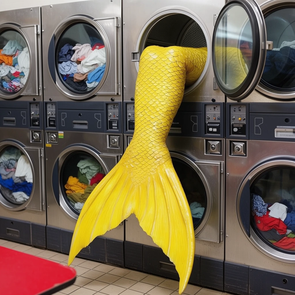 bright yellow mermaid tail with detailed scales dangling from an open stainless steel washing machine, upper tail disappearing into the metal drum, wide fluted fin hanging down, wall of stacked commercial washers with round glass doors, colorful laundry inside adjacent machines, tiled floor, edge of a red table, surreal photography, bright indoor lighting, humorous juxtaposition