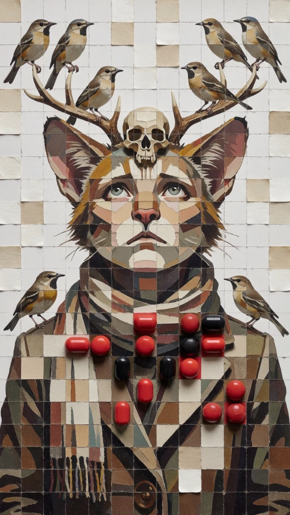 meticulous grid-based mosaic of an anthropomorphic feline looking up, wearing a coat and scarf, bare antlers holding a central skull, ten birds perched on antlers and shoulders, composed of medicinal capsules, round beads, and square photographic scraps pinned to white, muted palette of sepia, charcoal, and bone, relief-like mixed-media construction, fragmented aesthetic, high-contrast textures, intricate collage assembly, cinematic lighting, cohesive portrait from disparate parts