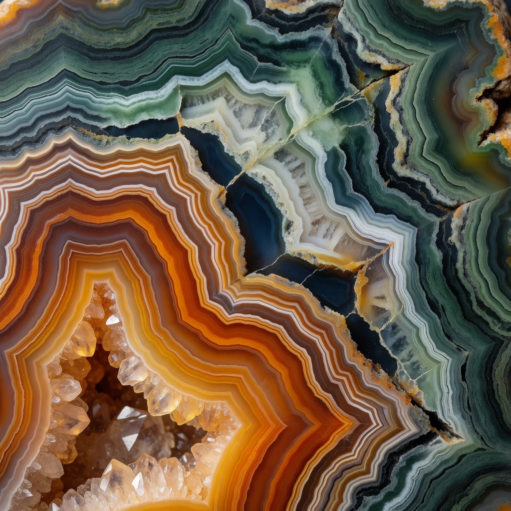 A vertical, macro-photographic view reveals the intricate, undulating layers and crystalline core of a polished agate stone. The lower-left portion is dominated by concentric bands of vibrant amber, burnt orange, and golden yellow that tightly encircle a cavity filled with sparkling, translucent, and honey-colored crystals with irregular, granular textures. These warm-toned bands transition into thinner layers of cream and pale brown toward their outer edges. A deep, irregular, dark blue-black crevice cuts diagonally across the center of the frame, separating the warm-toned section from a cool-toned region. The upper and right sections consist of numerous thin, wavy layers in shades of forest green, teal, and sage, interspersed with fine white and dark grey veins. The texture within the green layers appears slightly matte and fibrous, contrasting with the smooth, glassy finish of the amber bands. The composition is a tightly framed abstract, focusing entirely on the mineral's internal structure with a flat, direct-on perspective that emphasizes the natural, topographical patterns. Diffused lighting highlights the crystalline druzy area and accentuates the depth of the dark fissures, creating a rich and saturated color palette that balances organic warmth with cool depth.
