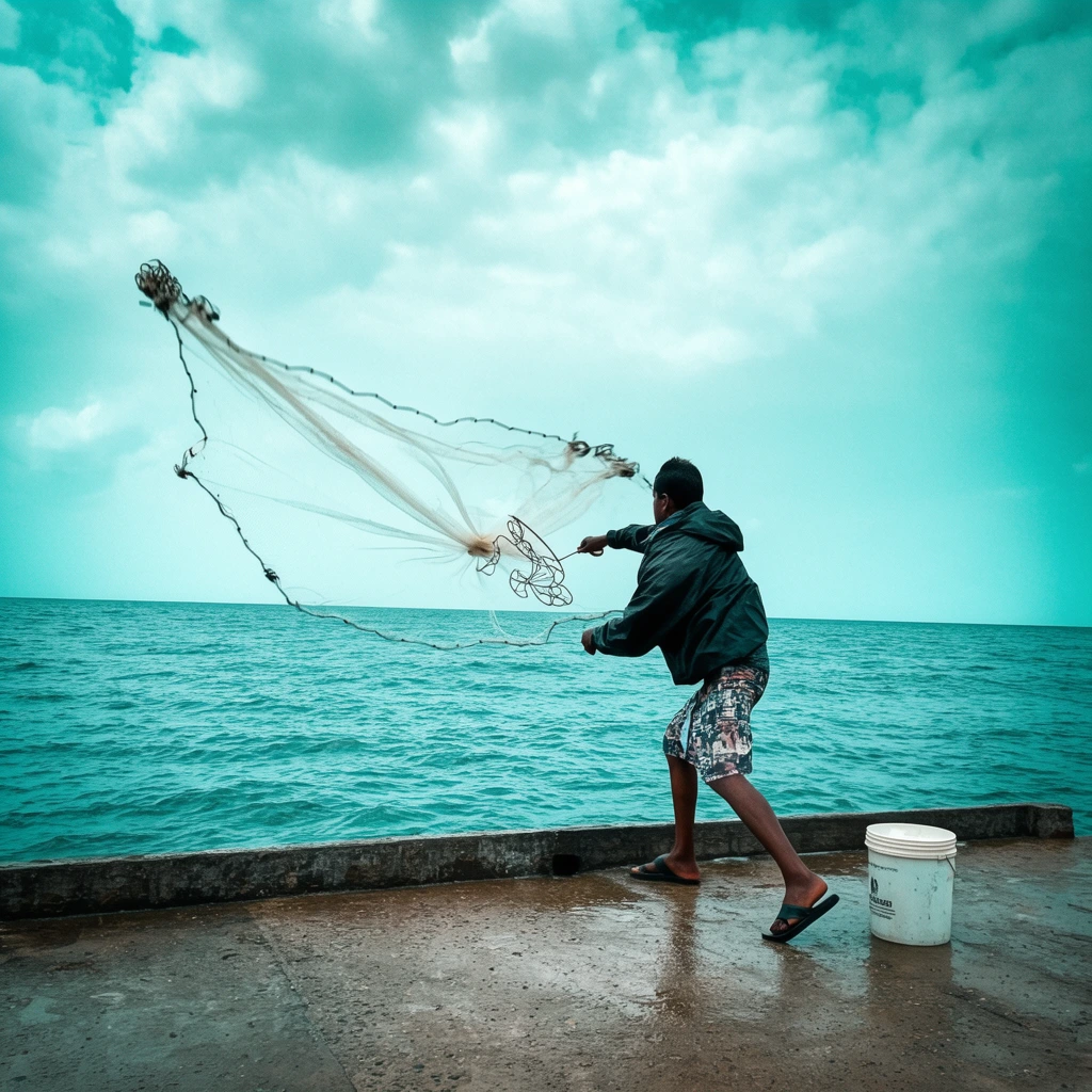 fisherman casting net from concrete pier, wide translucent net suspended mid-air, teal ocean, dark jacket, patterned shorts, white bucket on damp ground, cloudy sky, cyan color grading, dynamic action, wide angle