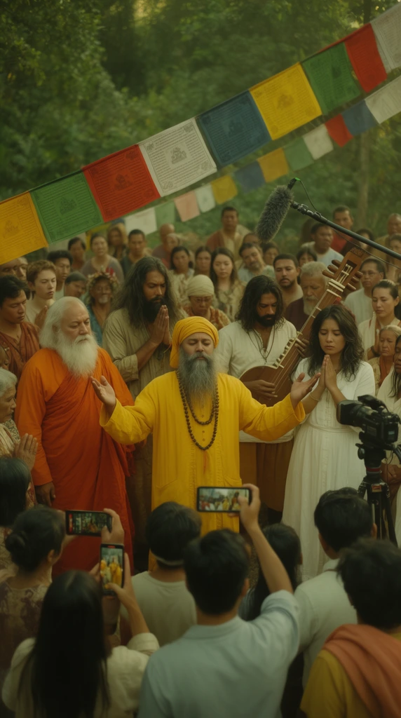 A cinematic shot captures a diverse crowd gathered around spiritual figures leading an outdoor ceremony. A central man in a bright yellow robe and grey beard stands with arms raised, beside a white-bearded man in an orange robe, a long-haired man with clasped hands, and a woman in a white dress praying. A musician nearby plays a wooden stringed instrument beneath diagonal colorful prayer flags. The dense group of onlookers includes people recording on smartphones, with a boom microphone and tripod camera visibly integrated into the chaotic gathering. The scene features softly blurred background foliage, warm natural lighting, and a greenish-yellow color grade that highlights the vivid garments.