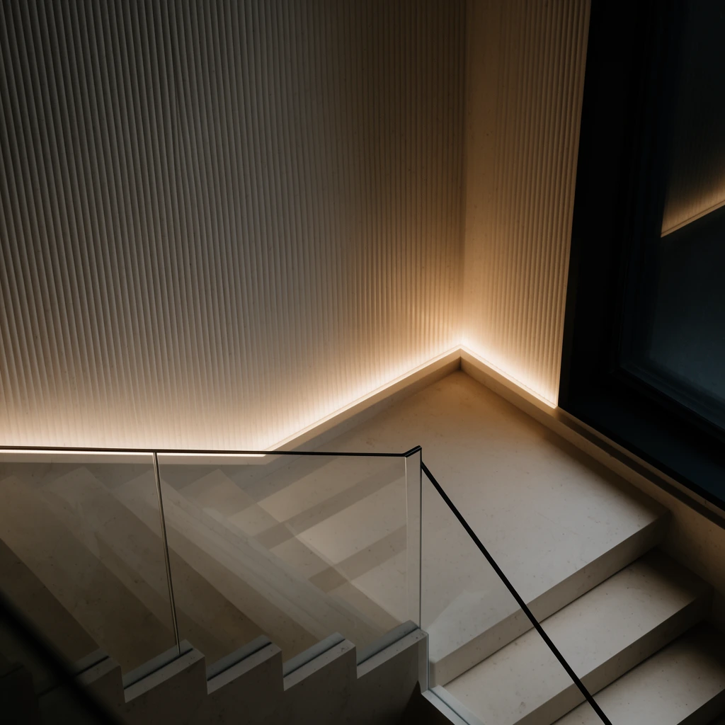 A minimalist architectural staircase landing with a clear glass balustrade and thin black handrail over light stone steps. A vertically fluted wall is illuminated from below by a concealed linear light, casting a warm glow into the corner. A dark window frame sits right. The moody composition highlights sharp geometric angles and a monochromatic palette of warm creams and deep blacks.