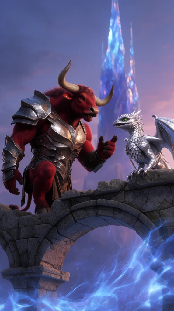 A towering crimson minotaur in iron armor converses with a small silver drake on a crumbling stone aqueduct. Below them swirls glowing blue energy. A crystalline spire looms against a twilight sky in this cinematic 3D render with dramatic lighting.