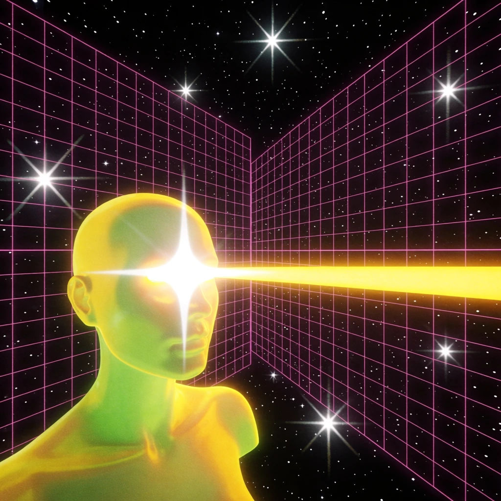 A luminous yellow-green mannequin-like bust of a human figure is positioned in the lower-left foreground, emitting a solid horizontal beam of yellow light from its eyes against a background of deep space and a pink grid. The bust is translucent with a glowing white outline and features a bright, four-pointed starburst in the center of its head. The figure is shown in a three-quarter profile, facing right toward the center of the frame. Two large, pink wireframe grid planes extend from the center vertical line toward the left and right edges, creating a sense of three-dimensional corner perspective. The entire scene is set against a black starfield filled with numerous small white dots and several larger, bright, multi-pointed stars. The artistic style is reminiscent of 1980s retro-futurism and synthwave aesthetics, characterized by a grainy texture, high-contrast neon colors, and a digital surrealist composition. The lighting is dominated by the self-illumination of the glowing bust and the light beam, while the perspective is a wide-angle view from a slightly low position.