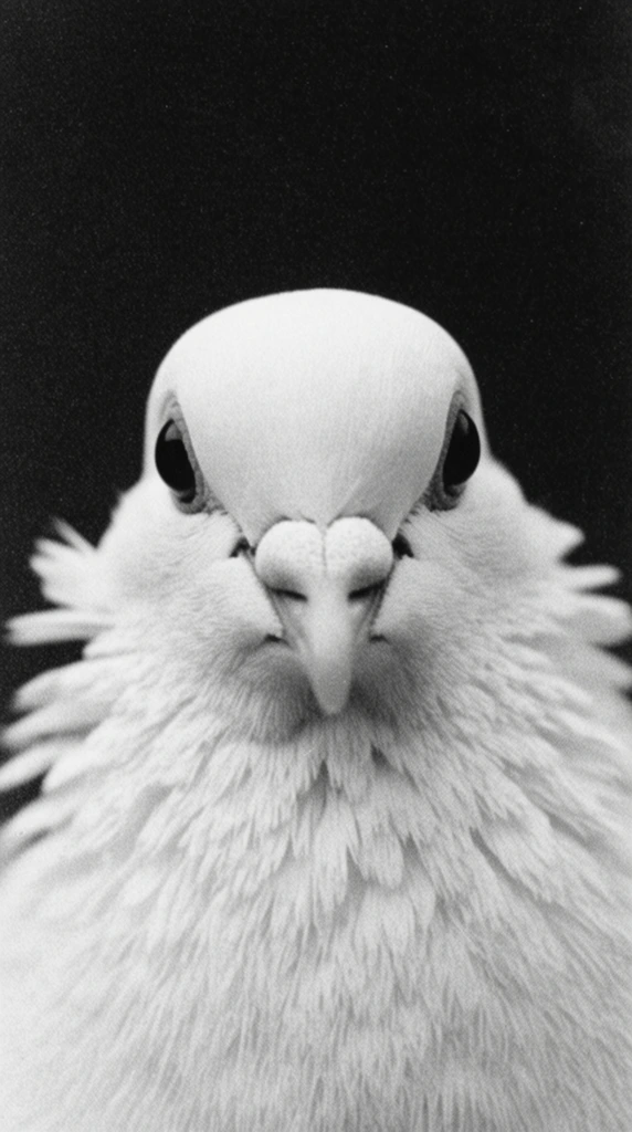 close-up portrait of a pale white dove staring directly forward, stark solid black background, vintage black and white film photography, heavy film grain texture, slightly ruffled feathers flaring to the sides, dark glossy eyes, soft focus, stark contrast