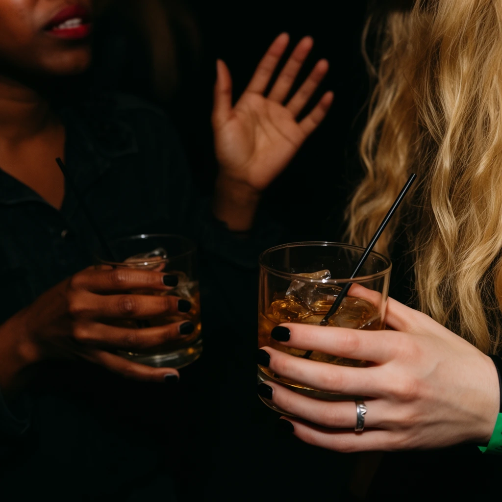 dimly lit intimate social gathering, close-up of fair-skinned hands holding clear lowball glasses with amber liquid, ice cubes, thin black straws, black nail polish, silver ring, long wavy blonde hair and a green wristband on the right edge, partially visible person on the left with dark skin and red lips gesturing with an open raised hand, dark collared shirt, candid night photography, low-key lighting, deep shadows, warm highlights, shallow depth of field