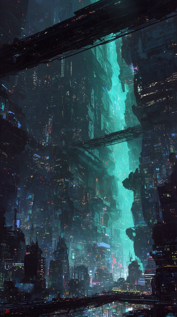 massive futuristic cyberpunk cityscape, towering dark megastructures, glowing turquoise chasm, neon lights, elevated bridges, atmospheric vertical sci-fi metropolis