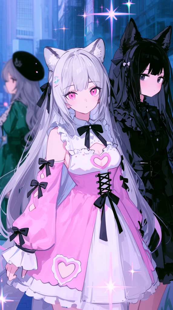 Three anime-style girls stand in a cool-toned urban setting overlaid with glowing starbursts. The central girl has silver hair, white animal ears, and pink eyes, wearing a pastel pink and white dress featuring heart cutouts, black ribbons, and corset lacing. Beside her stands a girl with long black hair, dark animal ears, and a gothic ruffled outfit. A softly blurred third girl wearing a black beret and green dress looks away in the background.