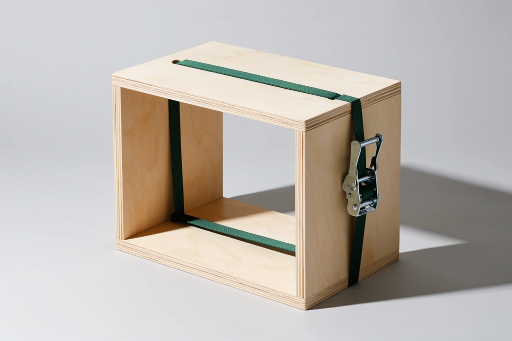 A hollow rectangular plywood stool secured by a dark green ratchet strap against a seamless light gray backdrop. The light wood frame has exposed layered edges and subtle grain. The nylon strap threads through slots in the top and bottom panels, tightened by a silver metal ratchet buckle on the right exterior wall. Stark directional lighting from the upper left casts crisp, angled shadows across the interior floor and the ground, emphasizing a clean, modern product photography style.