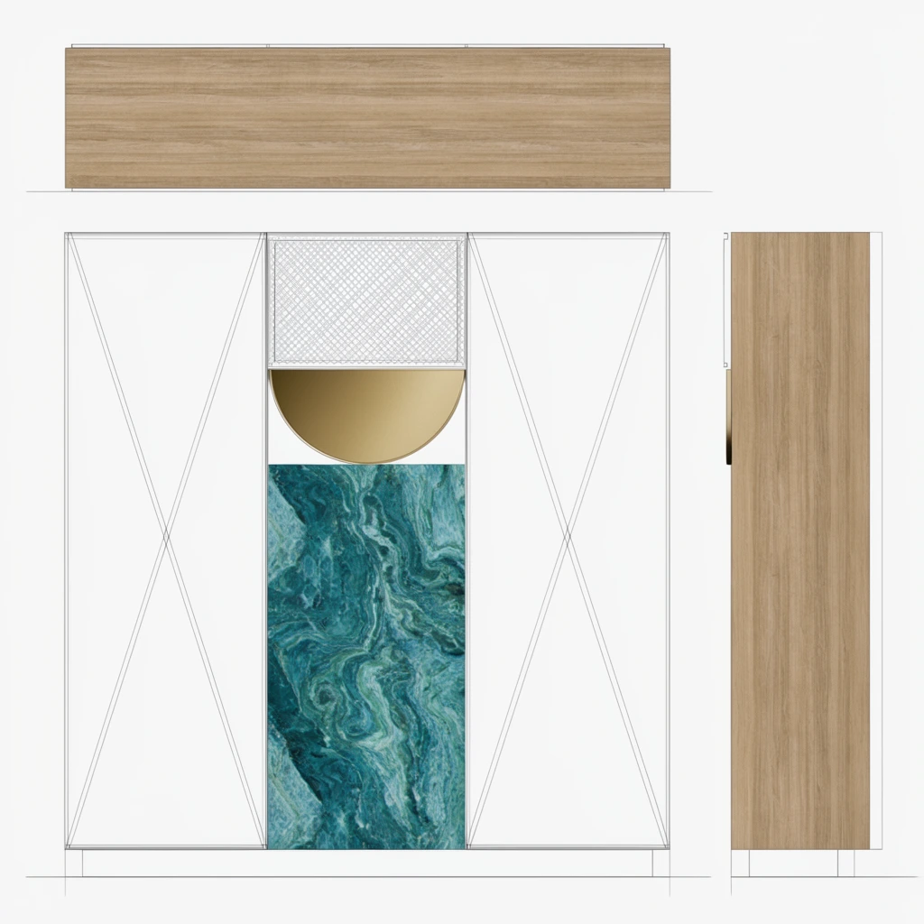 orthographic architectural drawing of a modern asymmetric cabinet, multiple flat projection views on a pristine white background, central front elevation featuring a vibrant swirling teal marble rectangular block, suspended metallic gold semi-circle, section of white wire mesh, tall white panels with diagonal cross-bracing lines, adjacent top and side profile views of light brown wood grain panels, hybrid aesthetic combining precise thin technical drafting lines with photorealistic material inserts
