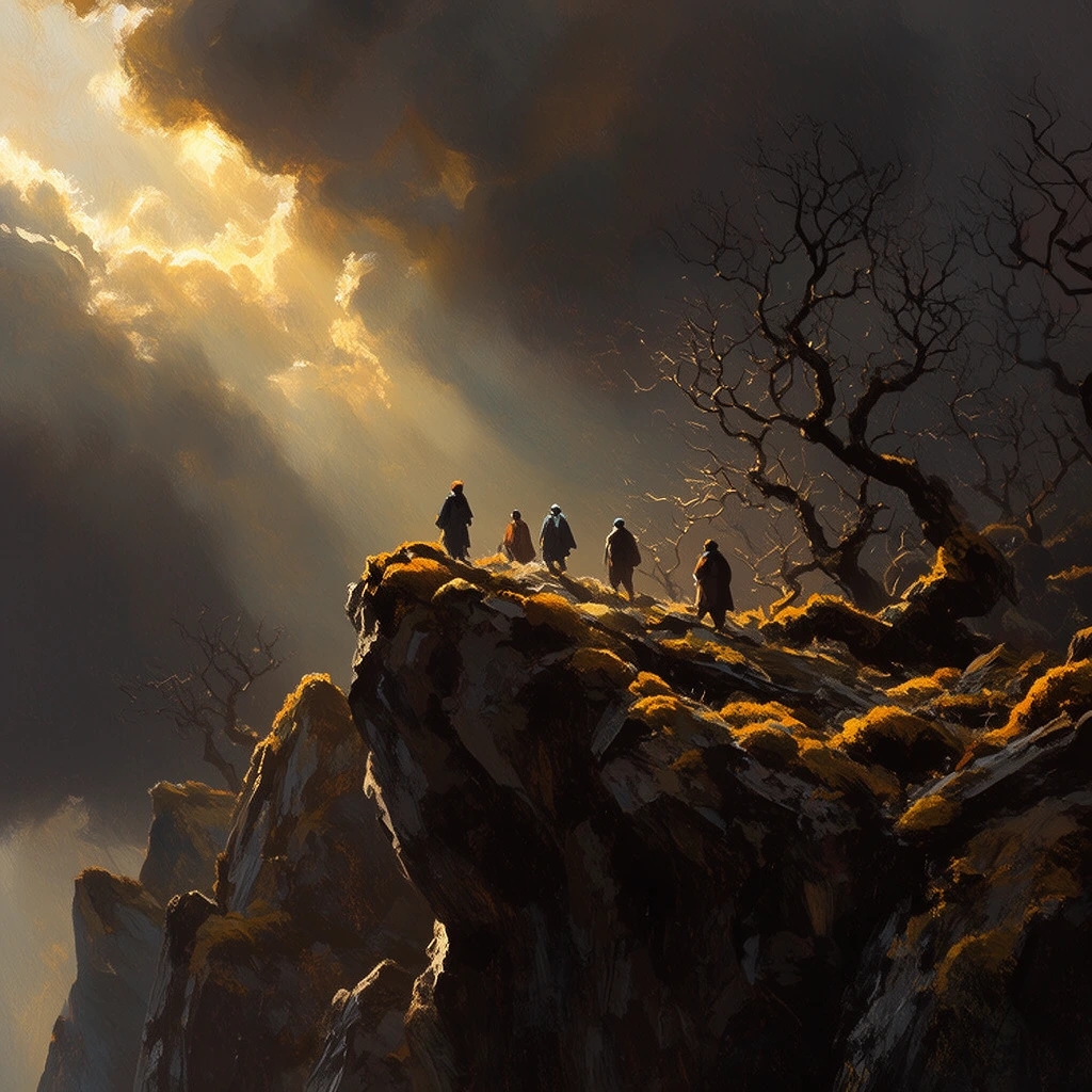 Five small figures traverse a jagged cliff edge dotted with golden moss and twisting leafless trees. Heavy dark storm clouds part, revealing intense ethereal golden light streaming from the upper left. This dramatic backlight casts striking edge highlights on the craggy peaks and silhouetted travelers. The composition features rich chiaroscuro, an imposing sense of vertical scale, and moody, textured painterly brushstrokes.