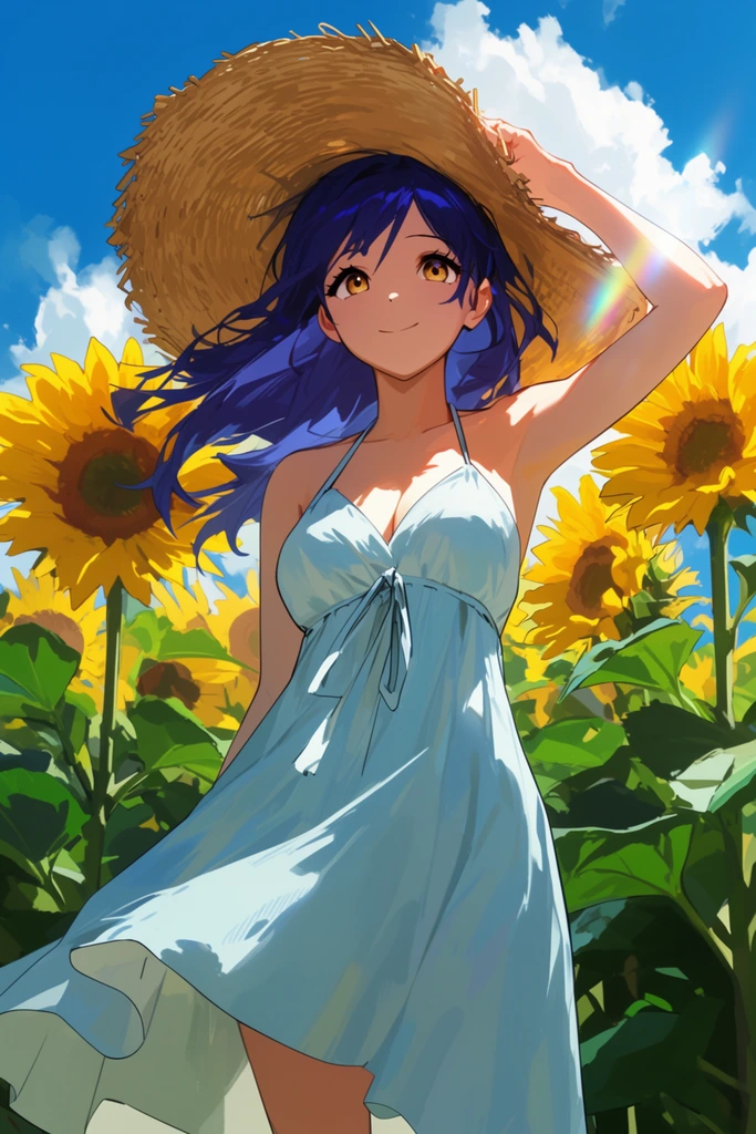 A young anime-style woman stands in a vibrant field of towering sunflowers under a bright blue sky with fluffy white clouds. She has wind-swept indigo hair, large amber eyes, and a serene smile. Her left hand gently holds the brim of her oversized woven straw hat. She wears a flowing pale blue halter-neck sundress with a front tie, catching the summer breeze. Crisp sunlight casts dramatic highlights and soft shadows across her form, enhanced by a faint prismatic lens flare near her raised arm. A low-angle perspective frames her against the massive yellow petals and broad green leaves. The digital illustration features bold, high-contrast colors, painterly shading, and clean line work.