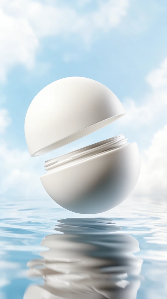 A matte white spherical cosmetic jar floats above rippled water against a soft blue sky dotted with white clouds. The minimalist container is split horizontally, with its top hemispherical lid hovering at an angle above the bottom base, exposing a threaded neck. Bright, ethereal lighting illuminates the pristine smooth texture of the geometric object. The gentle water below forms a clear, undulating reflection of the separated spheres and the serene sky, presenting a clean, surreal product photography composition.