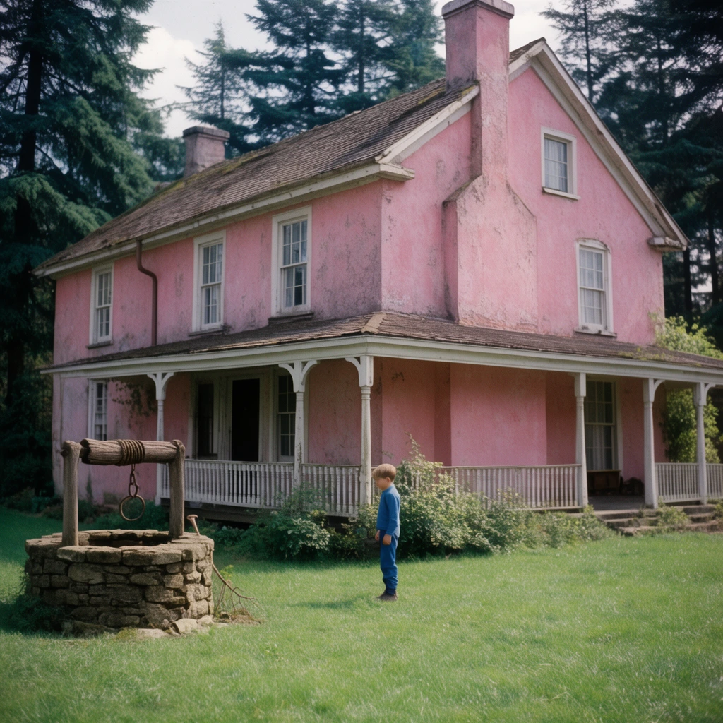 A weathered two-story pink stucco house with a white wraparound porch is surrounded by tall evergreen trees. A young boy in blue clothing stands on a lush green lawn near a rustic stone well. Cinematic wide shot, natural daylight, vintage film aesthetic.