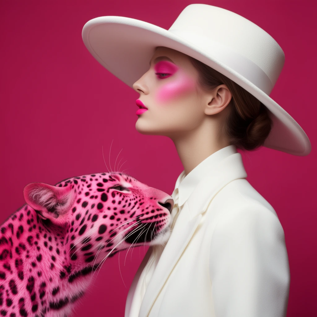 Profile portrait of a woman in a stark white suit and wide-brimmed hat, vivid pink makeup, bright pink leopard with black spots nuzzling her chest, solid magenta background, surreal fashion editorial, striking white and pink color palette, soft studio lighting