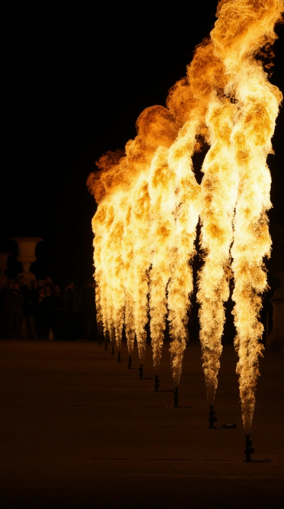 A dramatic row of towering fire jets shoots vertically into the pitch-black night sky, receding in a sharp perspective line. The brilliant yellow and orange flames roar upwards from small black nozzles positioned on the flat, dark ground, creating turbulent, textured pillars of intense light. Faintly illuminated by the fiery glow in the distant left background, the silhouetted shapes of a gathered crowd and classic garden statues stand quietly in the shadows. Shot with high contrast low-light photography, the composition highlights the stark repetition and searing warmth of the fire against the enveloping darkness, capturing the dynamic, chaotic edges of the flames with a fast shutter speed.