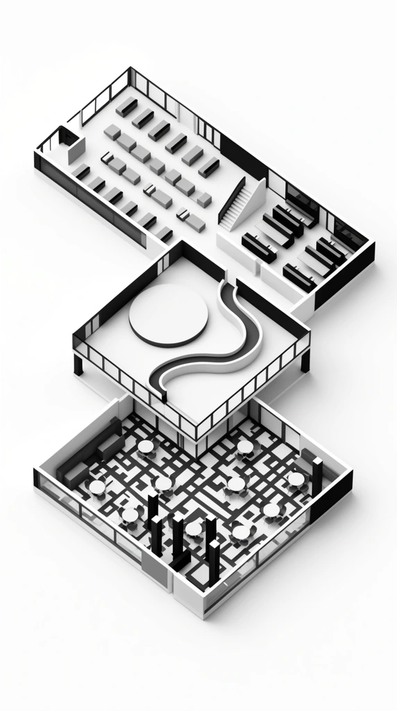 A monochrome 3D architectural floor plan rendered in isometric perspective against a pure white background. The minimalist structure comprises intersecting rectangular volumes in high-contrast black, white, and gray. The upper horizontal wing houses rows of rectangular block seating, partitions, and a staircase. The central square pavilion features a large circular platform and a winding serpentine pathway. The lower square section contains a dense geometric checkered floor grid dotted with round tables and dark structural columns. The aesthetic is clean and modern with sharp structural lines and soft diffuse shadows.