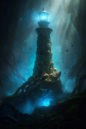 Bioluminescent Abyssal Mysticism style reference image — moss-covered monoliths