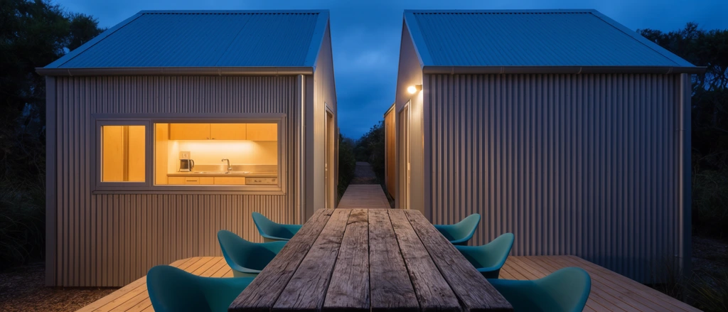 A weathered wooden dining table and six curved teal chairs sit on a slatted deck at twilight. Two minimalist cabins with pitched roofs and corrugated metal siding frame a narrow walkway. Warm yellow light glows from a rectangular kitchen window on the left, illuminating the siding and contrasting with the deep blue evening sky.