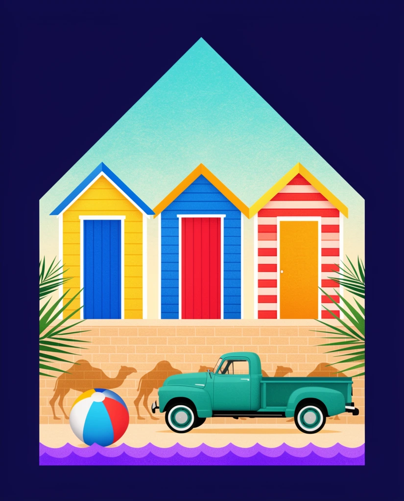 A geometric peaked frame on a navy background enclosing a textured summer vector collage. The vibrant scene features colorful beach huts, purple waves, a beach ball, a vintage teal truck, camel silhouettes on a brick wall, and palm fronds.