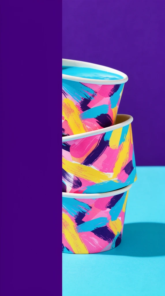 A split composition with a solid deep violet left half and three unevenly stacked cylindrical paper cups on the right against a two-toned violet and bright cyan background. The brightly colored cups feature energetic, abstract patterns of thick brushstrokes in vivid pink, yellow, cyan, and dark purple. The top cup contains a smooth layer of bright cyan material. Crisp studio lighting casts sharp shadows across the vibrant cyan tabletop, highlighting a pristine, color-blocked pop-art aesthetic.