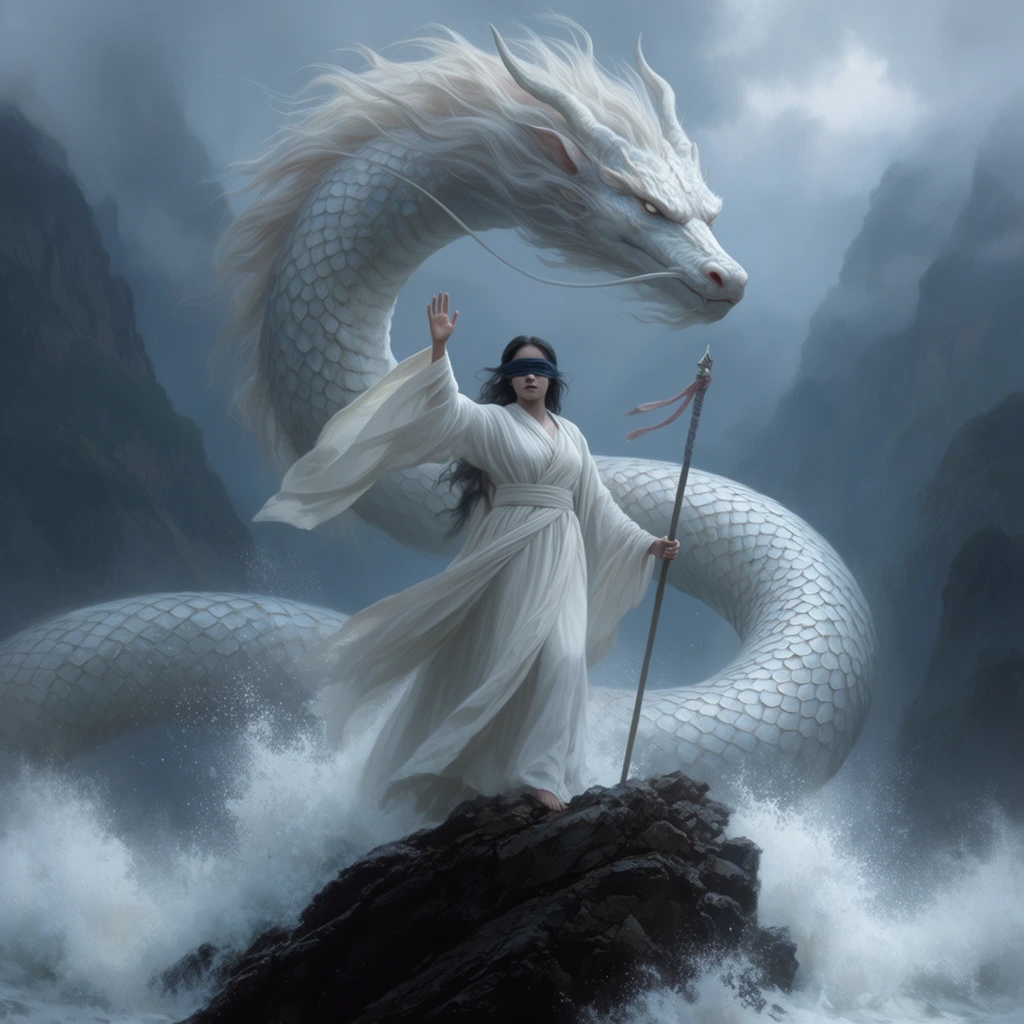 woman with a dark blindfold wearing flowing white robes standing on a jagged rock, raising one hand, holding a ribboned staff, massive pale white serpentine dragon with large scales and flowing mane coiling behind her, crashing waves, white sea spray, misty towering mountains, moody overcast atmosphere, cool blue and gray palette, cinematic lighting, low angle perspective, digital fantasy painting