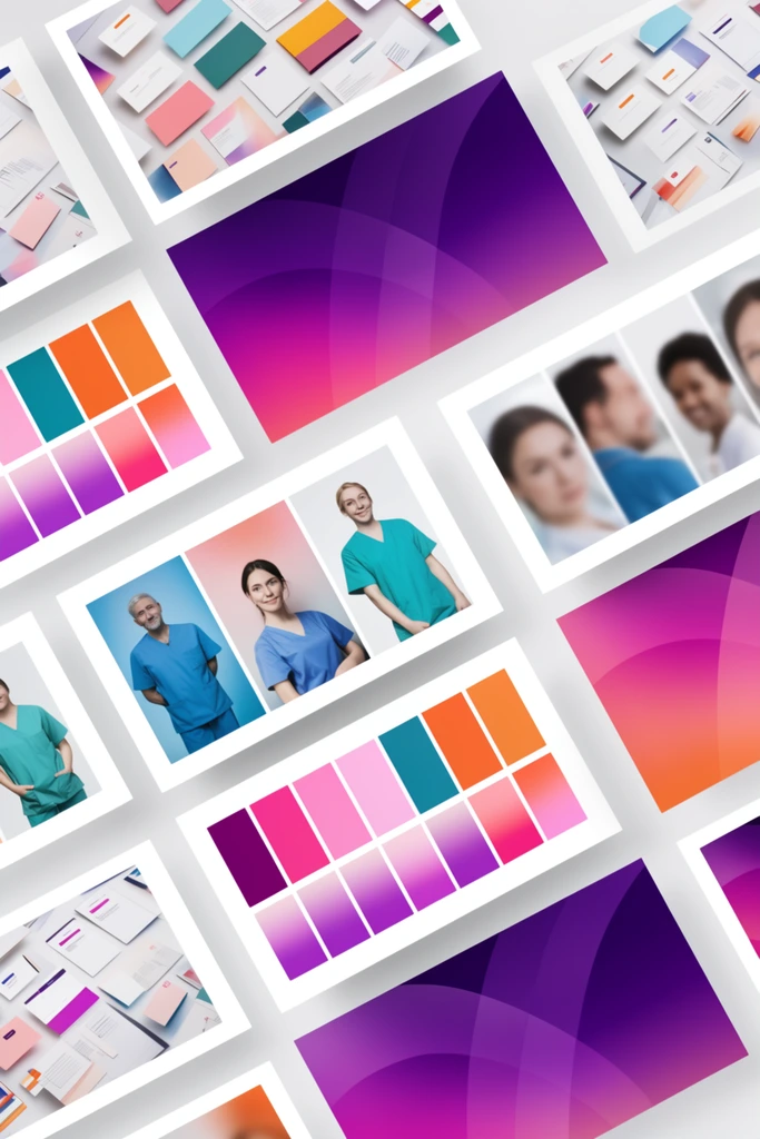 A dynamic 3D mockup of rectangular presentation slides floating against a light gray background with soft drop shadows. The vibrant corporate layouts utilize a deep purple, magenta, bright pink, and orange color palette. Several cards feature sweeping gradient backgrounds overlaid with large translucent abstract shapes of intersecting curved lines. Other pages display a grid of vertical color swatches, photographic compositions of individuals in teal and blue medical scrubs alongside blurred portraits, and miniature 3D mockups of scattered stationery cards and documents. The scattered, overlapping arrangement emphasizes clean, modern graphic design with crisp edges and luminous color transitions.