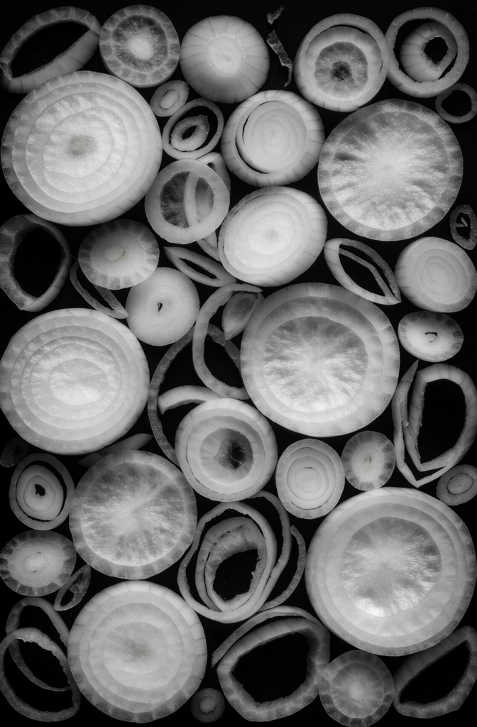 A monochromatic, high-contrast photograph captures a dense arrangement of overlapping onion slices and rings against a deep black background. Numerous cross-sections of onions populate the entire frame, appearing in various sizes and stages of translucency. Some elements are solid circular discs that display intricate concentric internal layers and a grainy, fibrous texture, while others are hollow, delicate rings of varying thicknesses. These circular forms overlap in a complex, multi-layered composition that creates a sense of depth despite the flat perspective. The slices are rendered in shades of luminous white and silvery gray, appearing almost x-ray-like as if illuminated from behind or through the vegetable's structure. The stark, uniform black background provides a sharp contrast that emphasizes the organic geometric shapes and the fine details of the onion skins. The camera angle is a direct overhead view, filling the frame from edge to edge without a discernible ground plane. The lighting is even across the subjects, highlighting the cellular patterns and thin, translucent edges of each layer. The overall style is abstract and minimalist, focusing on the natural textures and mathematical repetition found within the vegetable.