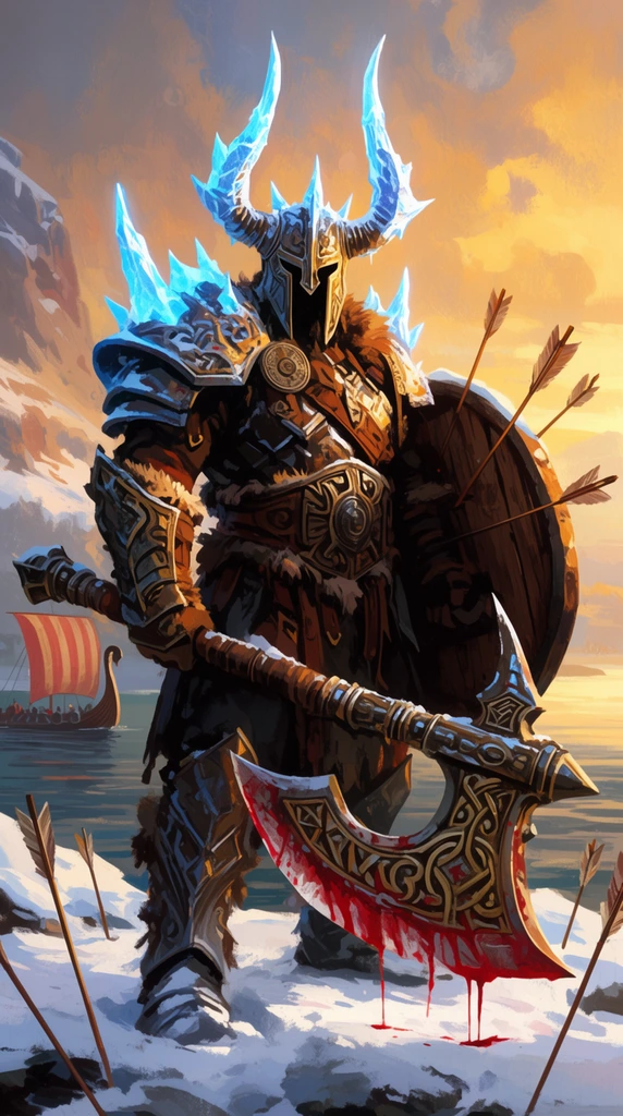 towering armored warrior on snowy shore, horned helmet with glowing icy spikes, massive ornate bloody axe, arrow-pierced wooden shield, scattered arrows in snow, distant longship on water, warm golden sunlight, painterly digital illustration, dramatic lighting