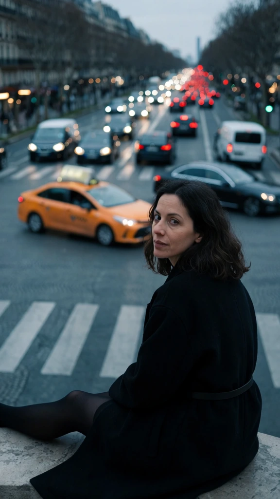 A woman in a long black coat sits on an elevated ledge overlooking a busy city street at twilight, looking back over her shoulder toward the viewer. She has dark, shoulder-length wavy hair and light eyes, wearing a heavy black coat cinched at the waist with a thin black belt. Positioned in the lower center of the frame, her body is turned away from the camera while her face is captured in a three-quarter view. Below her, a yellow-orange taxi cab crosses a white-striped pedestrian crosswalk on the dark asphalt. The background reveals a wide, multi-lane urban boulevard filled with numerous cars, their red taillights and white headlights creating soft, glowing bokeh effects against the dim surroundings. The street stretches into the distance, flanked by the blurred silhouettes of city buildings and bare trees. The composition uses a high-angle perspective from behind the subject, employing a shallow depth of field that keeps the woman in sharp focus while the city traffic recedes into a soft blur. The color palette is characterized by cool, desaturated blue and gray tones, which contrast with the warm pops of orange from the taxi and the red and yellow glows of the automotive lights. The lighting is diffused and even, suggesting an overcast day or the onset of evening.