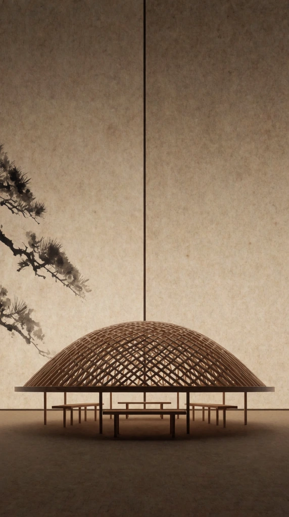 Minimalist rendering of a low, domed wooden lattice pavilion elevated on thin stilts above simple benches. The composition rests on a textured sepia background split by two vertical lines, resembling a triptych screen. A traditional ink-wash pine branch frames the left edge. Soft lighting emphasizes an earthy, serene aesthetic.