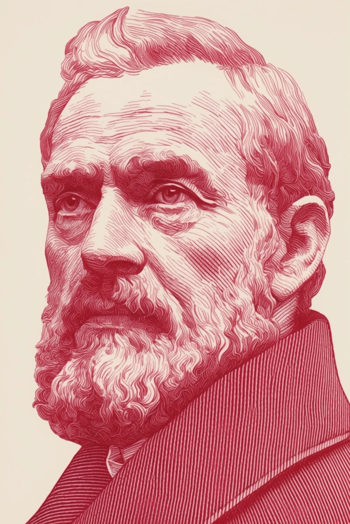 A portrait of an older bearded man looking left, constructed entirely from intricate, continuous crimson lines against a solid cream background. The subject's deep-set eyes and rugged features are defined by the varying thickness of the sharp red linework. Sweeping grooves create a dimensional, sculptural effect resembling classical banknote engraving. Dense swirling clusters form heavy shadows beneath his strong brow, while widely spaced strokes highlight his prominent cheeks. He wears a high-collared coat textured with rigid vertical lines, anchoring the high-contrast, graphic illustration style.
