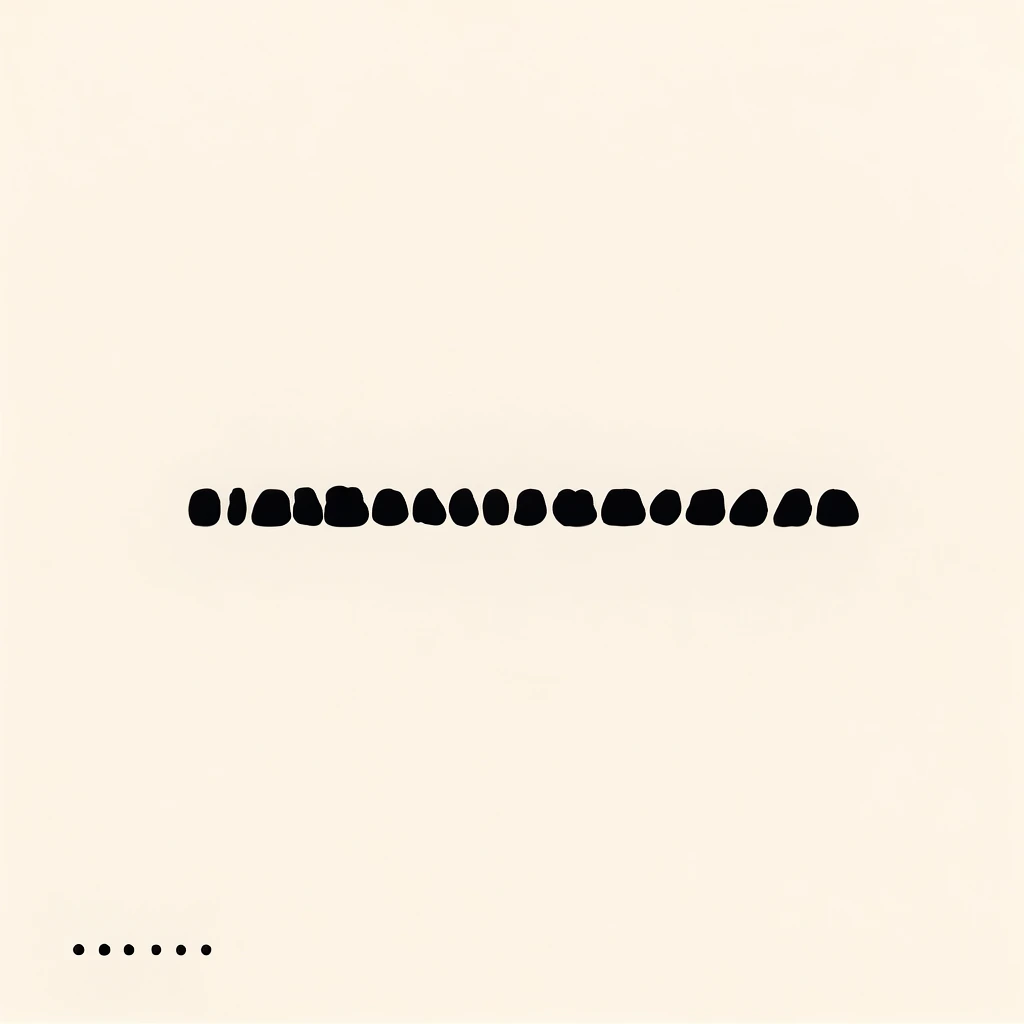 An expansive, warm off-white background dominates a minimalist, flat composition. A stark, centered horizontal arrangement of high-contrast black forms is balanced by a tiny cluster of precise dark elements in the bottom left corner, emphasizing an ultra-clean aesthetic and vast negative space.