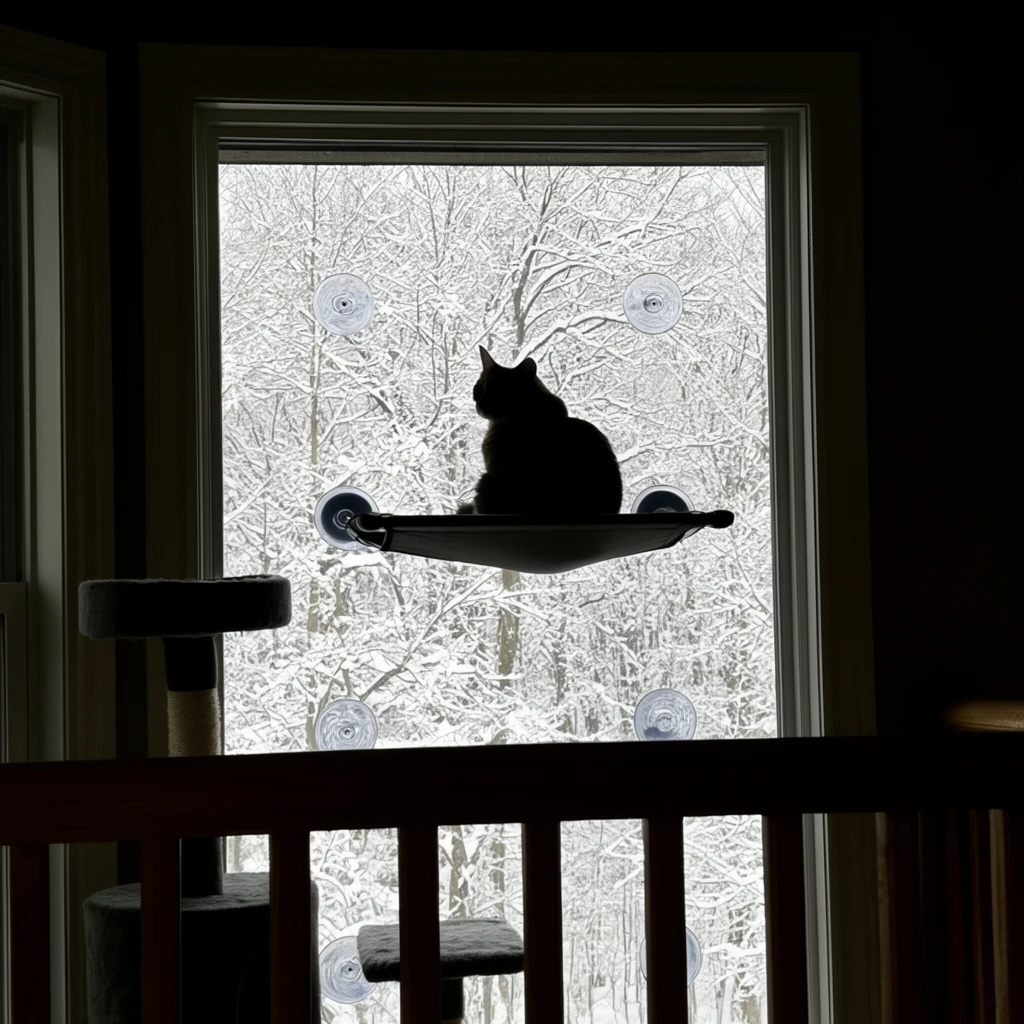 silhouetted cat in window hammock, bright snow-covered trees outside, dark interior, suction cups on glass, foreground cat tree and wooden railing, high contrast