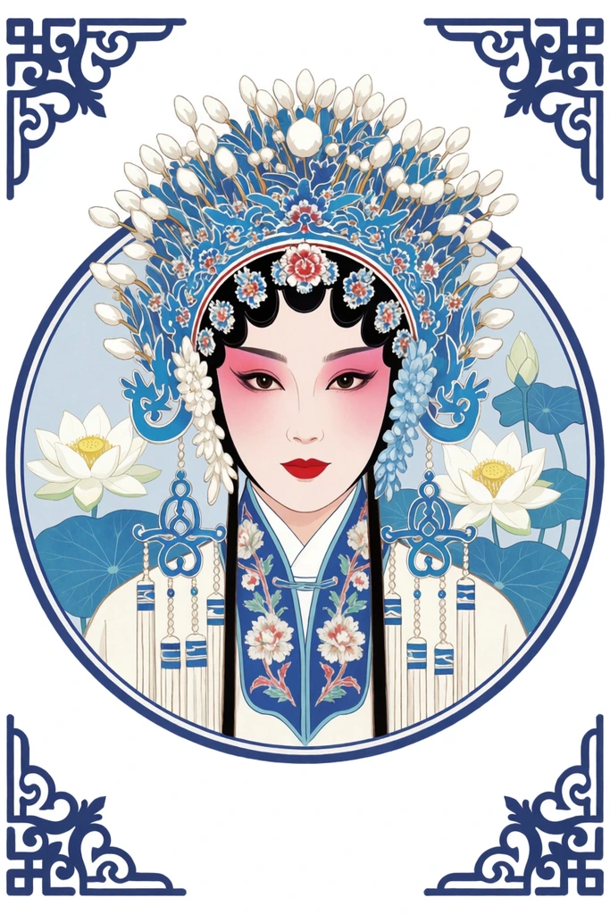 stylized portrait of a female Chinese opera performer, intricate blue and white floral headdress, pale skin, red lips, pink eye makeup, blue embroidered garment, white lotus flowers, blue lily pads, circular border with ornate corner motifs, blue and white porcelain aesthetic, flat illustration